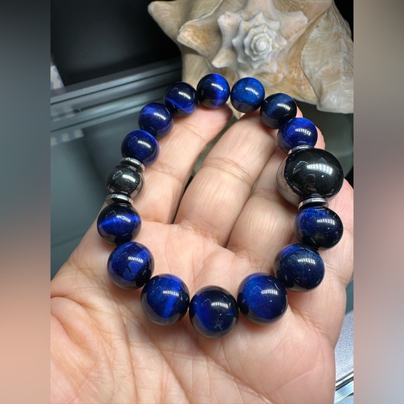 DARK BLUE TIGERS EYE + HEMATITE NATURAL STONES BRACELET size 7” - Picture 10 of 11